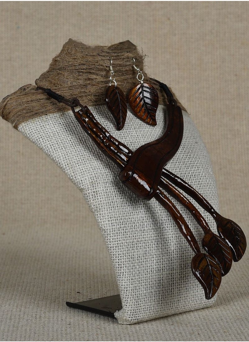 N & H - Women's Coconut Shell Branch Leaves Design Necklace with Earrings Set - Image 1