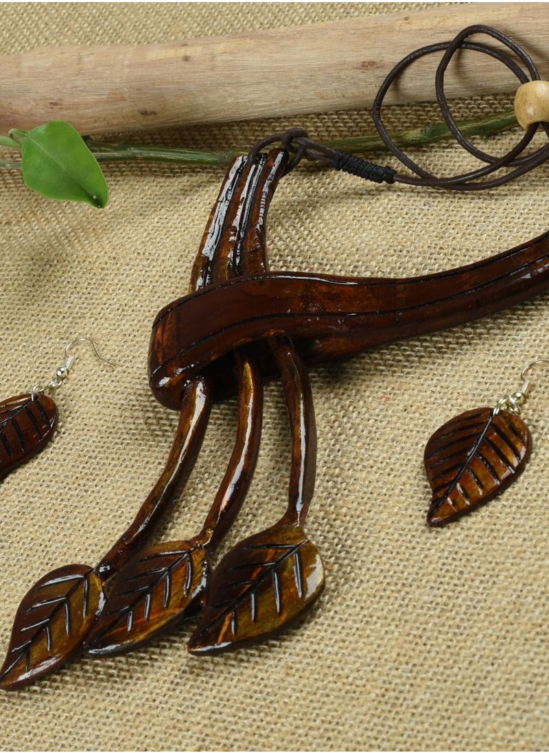 N & H - Women's Coconut Shell Branch Leaves Design Necklace with Earrings Set - Image 1