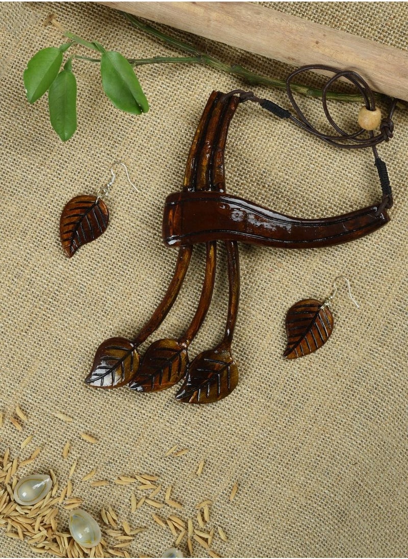 N & H - Women's Coconut Shell Branch Leaves Design Necklace with Earrings Set - Image 1