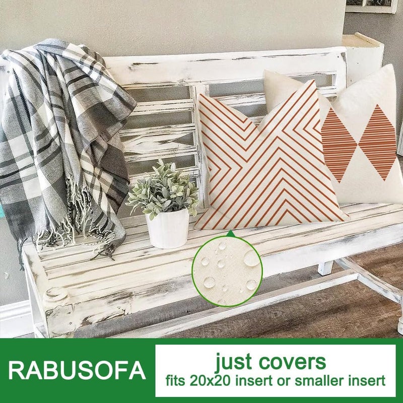 RABUSOFA أغطية وسائد خارجية من رابوسوفا مقاس 20×20 بوصة مقاومة للماء، طقم من 4 قطع من وسائد بوهو باللون الصدئ والبيج لأثاث الفناء، أريكة صنبريلا (2R-20) (صدئ وبيج، 20×20 بوصة، طقم من 4) - Image 5
