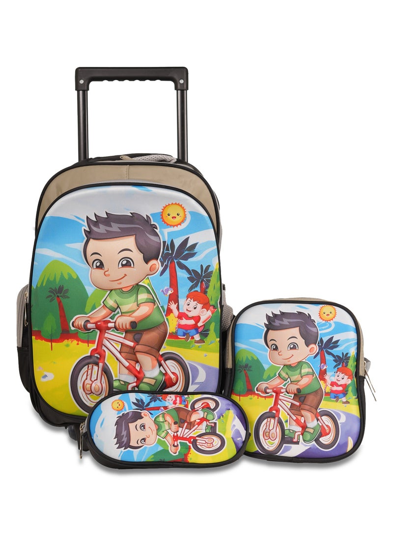 KTMC 3D Cartoon Bikes Triple Backpack Set, Pen Bag, Lunch Trolley Bag, School Trolley Bag for Boys- Black & Grey 9911