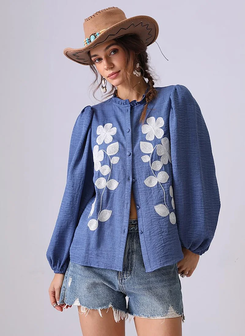 YUNIQEE Blue Band Collar Puff Sleeves Relaxed Fit Shirt