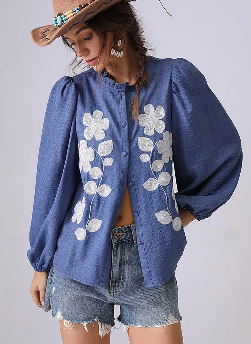 YUNIQEE Blue Band Collar Puff Sleeves Relaxed Fit Shirt
