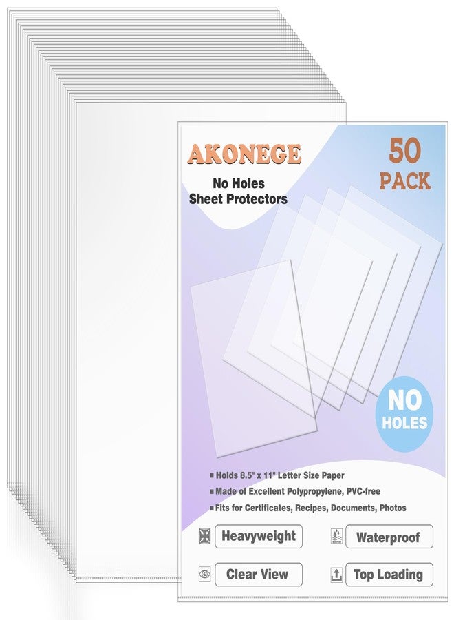AKONEGE 50 Pack No Holes Sheet Protectors 8.5 x 11 Inch Letter Size Page Protectors for Documents, Prints, Top Loading Heavyweight Clear View Plastic Sleeves for Papers, Artworks, Photos - Image 1
