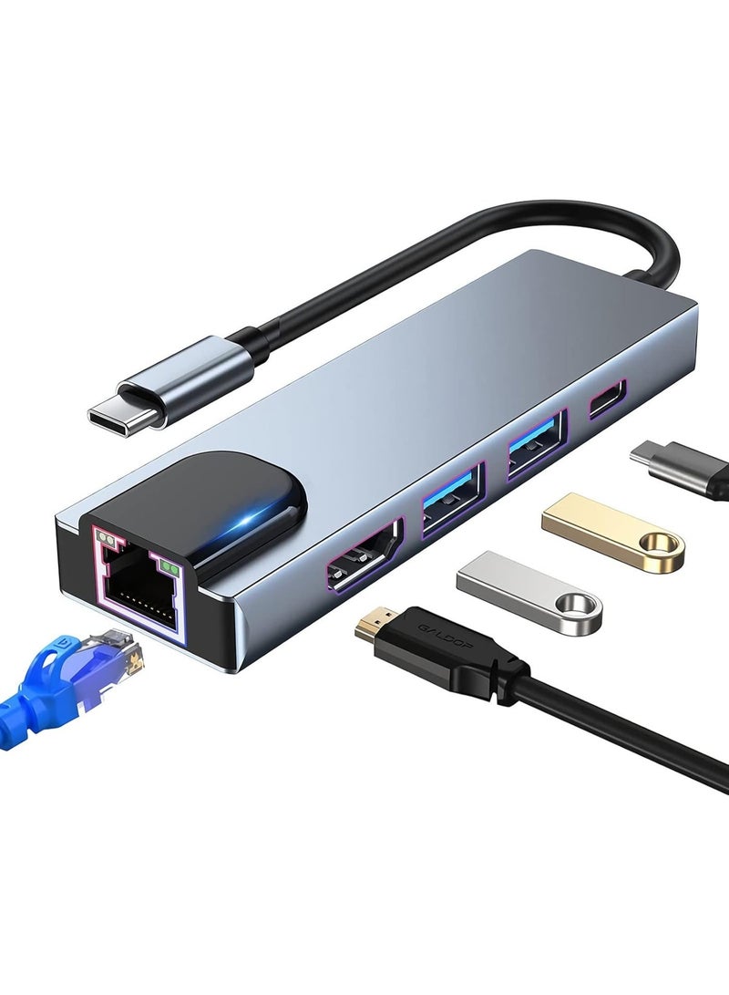سالاب محطة إرساء 5 في 1 بمنفذ USB-C، ومحول من النوع C إلى HDMI، ومنفذ إيثرنت RJ45، ومنفذ HDMI بدقة 4K، وشحن سريع بقدرة واط، ومنفذي USB 3.0. متوافقة مع أجهزة الكمبيوتر الشخصية وأجهزة النوع C. - Image 1