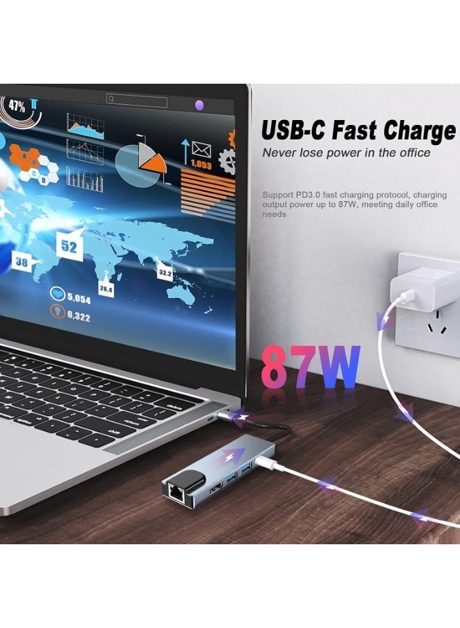 سالاب محطة إرساء 5 في 1 بمنفذ USB-C، ومحول من النوع C إلى HDMI، ومنفذ إيثرنت RJ45، ومنفذ HDMI بدقة 4K، وشحن سريع بقدرة واط، ومنفذي USB 3.0. متوافقة مع أجهزة الكمبيوتر الشخصية وأجهزة النوع C. - Image 3