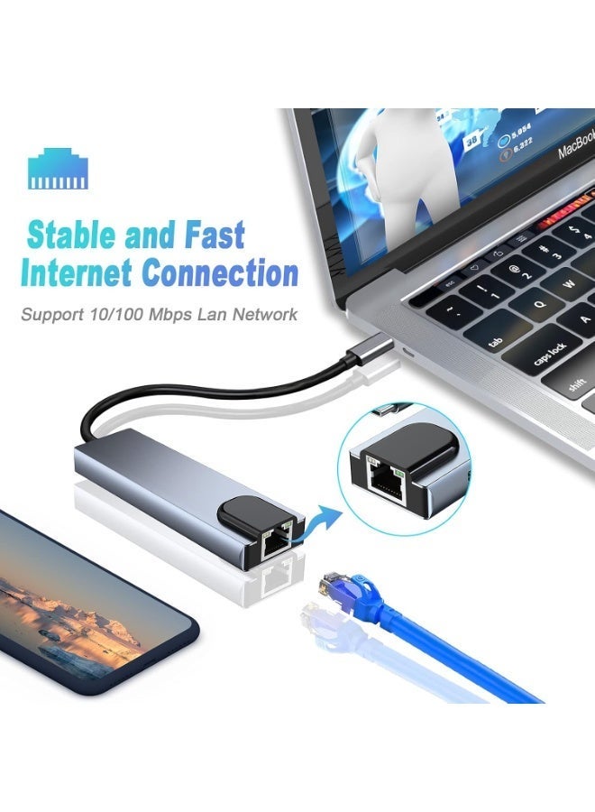 سالاب محطة إرساء 5 في 1 بمنفذ USB-C، ومحول من النوع C إلى HDMI، ومنفذ إيثرنت RJ45، ومنفذ HDMI بدقة 4K، وشحن سريع بقدرة واط، ومنفذي USB 3.0. متوافقة مع أجهزة الكمبيوتر الشخصية وأجهزة النوع C. - Image 2