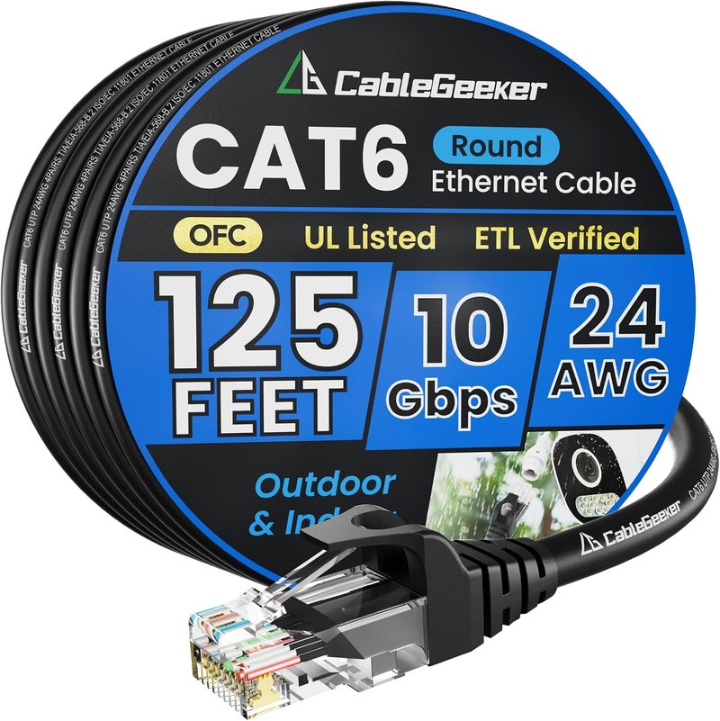 CableGeeker Cat 6 Ethernet Cable 125 ft, Indoor&Outdoor, High Speed 10Gbps 24AWG Pure Copper Internet Network Cable, Pure Copper Ethernet Patch Cable Long, PoE Computer LAN Cable for Router, Modem, PS5/4, Black - Image 1