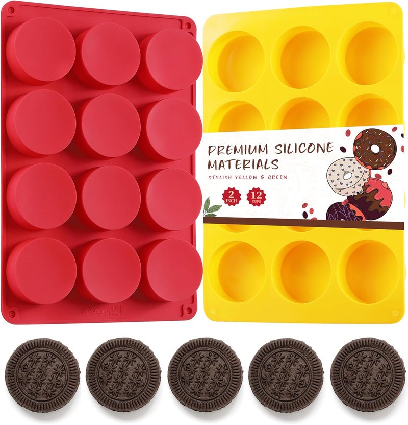 VITUER 2PCS Silicone Cookie Chocolate Molds, 12-Cavity Round Silicone Baking Mold for Oreo, Candy, Chocolate, Cookie, Mini Cake and Jelly, Dishwasher Safe (Red+ Orange) - Image 1