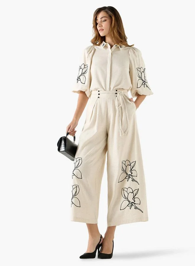Iconic Iconic Embroidered Relaxed Fit Culottes with Pockets and Tie-Up Detail