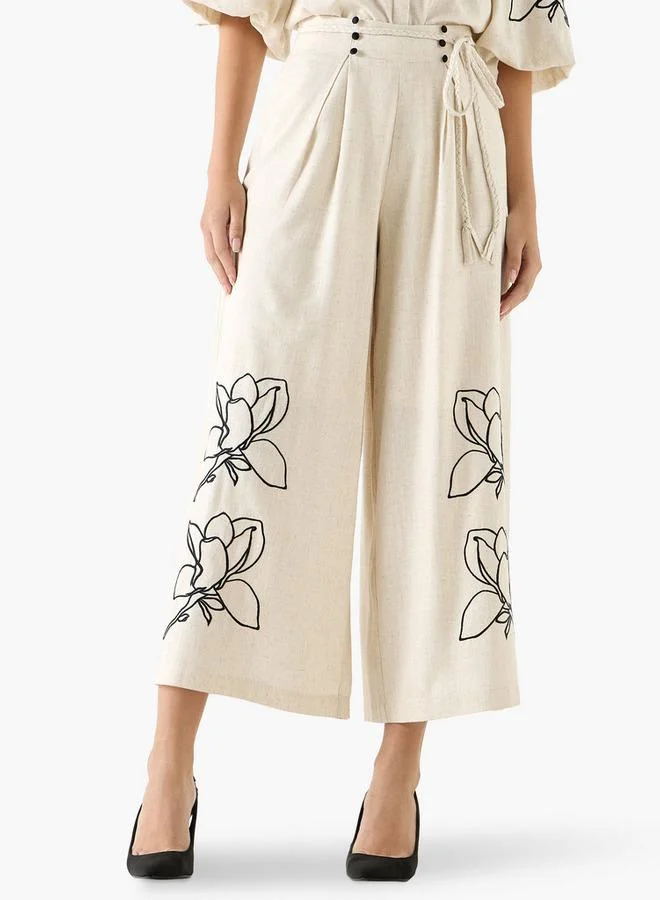 Iconic Iconic Embroidered Relaxed Fit Culottes with Pockets and Tie-Up Detail