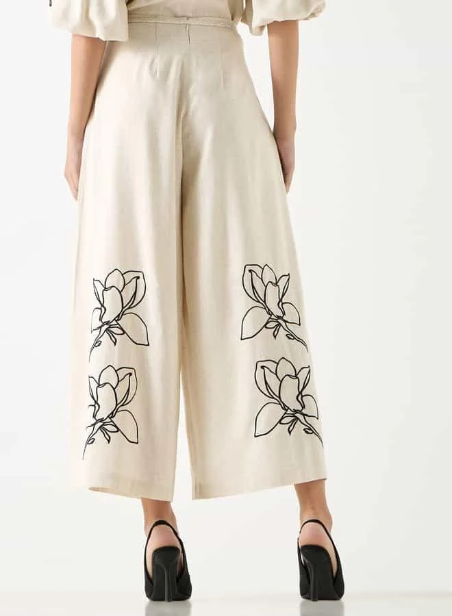 Iconic Iconic Embroidered Relaxed Fit Culottes with Pockets and Tie-Up Detail