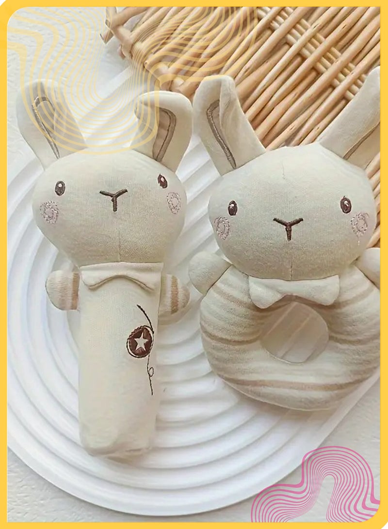 Gbee 2Pcs Plush Baby Rattle Toy Set, Sensory Soft Rattle for Infants, Grasping Training Plush Bunny Comfort Toy, Soothing Hand Bell for Newborns, Ideal Baby Shower Gift (Beige) - Image 5