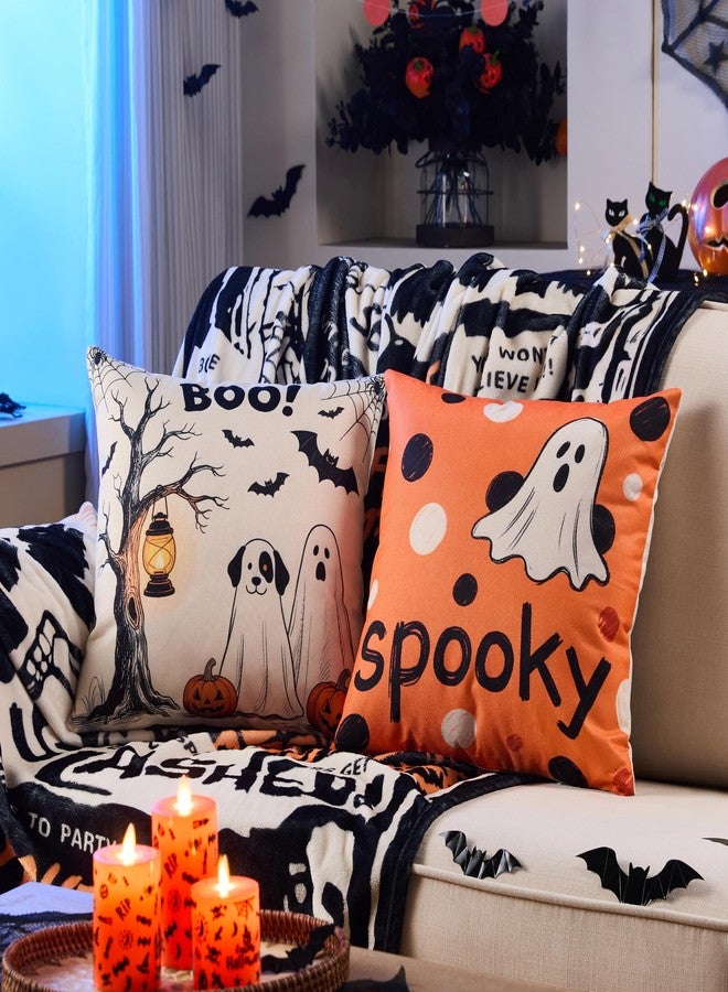 YOSICHY Halloween Pillow Covers 18x18 Inch,Set of 4 Vintage Halloween Decor Indoor Outdoor Throw Pillow Covers, Trick or Treat Orange Black Linen Cushion Case for Home Sofa Couch Bedroom Chair - Image 2