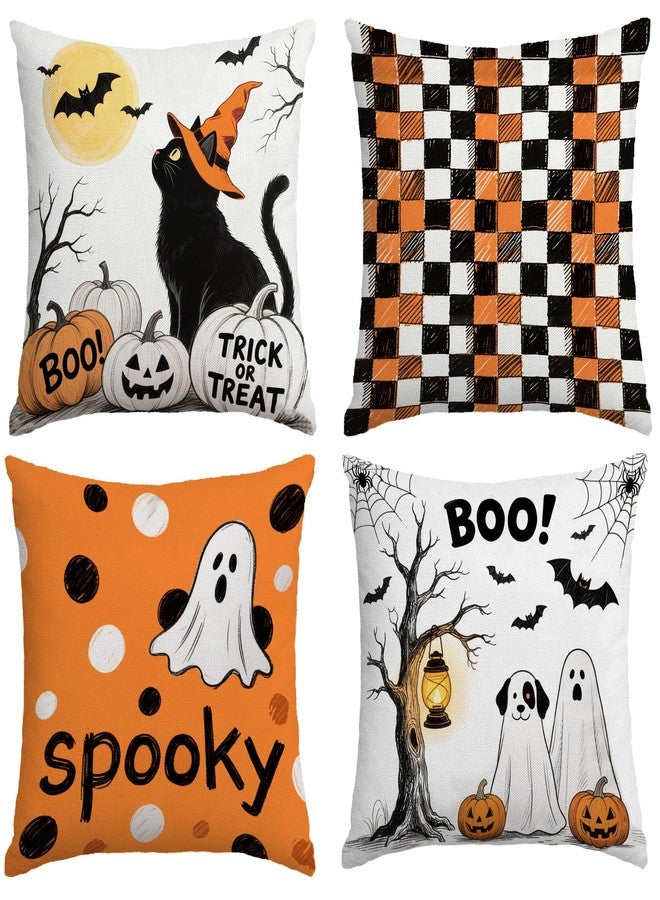 YOSICHY Halloween Pillow Covers 18x18 Inch,Set of 4 Vintage Halloween Decor Indoor Outdoor Throw Pillow Covers, Trick or Treat Orange Black Linen Cushion Case for Home Sofa Couch Bedroom Chair - Image 1