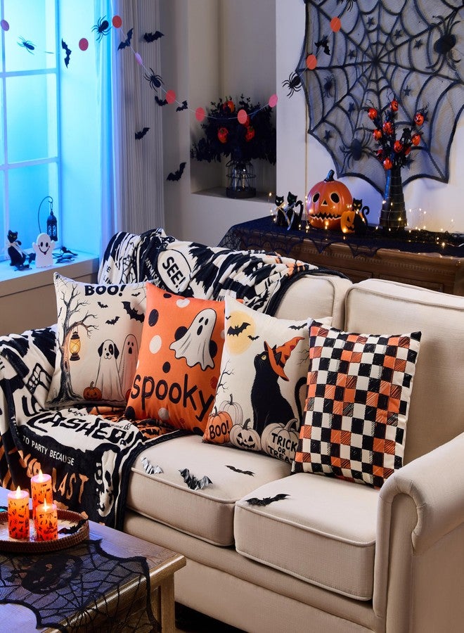 YOSICHY Halloween Pillow Covers 18x18 Inch,Set of 4 Vintage Halloween Decor Indoor Outdoor Throw Pillow Covers, Trick or Treat Orange Black Linen Cushion Case for Home Sofa Couch Bedroom Chair - Image 5