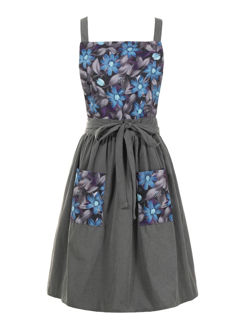 Pinknoke Vintage Pinafore Apron Dress for Women with Pockets Cute Floral Chef Aprons for Kitchen Cooking Baking Gardening (Gray) - Image 1
