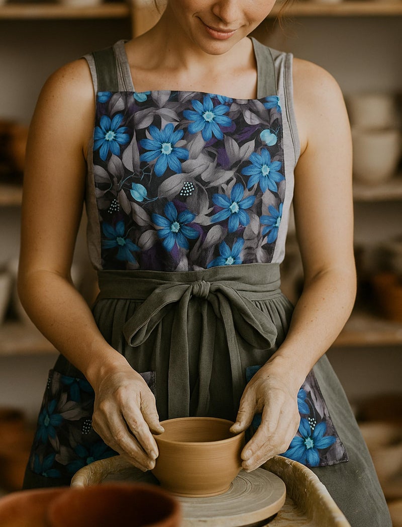 Pinknoke Vintage Pinafore Apron Dress for Women with Pockets Cute Floral Chef Aprons for Kitchen Cooking Baking Gardening (Gray) - Image 3