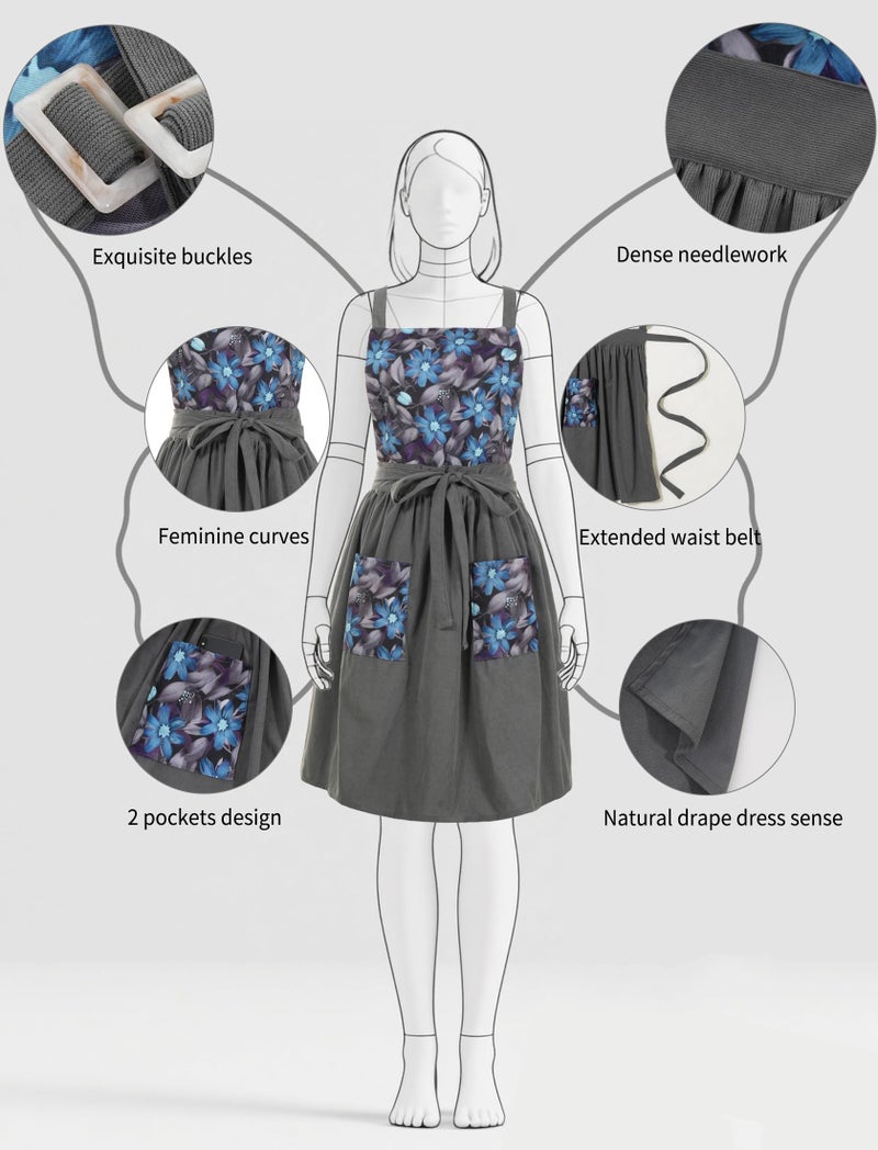Pinknoke Vintage Pinafore Apron Dress for Women with Pockets Cute Floral Chef Aprons for Kitchen Cooking Baking Gardening (Gray) - Image 4