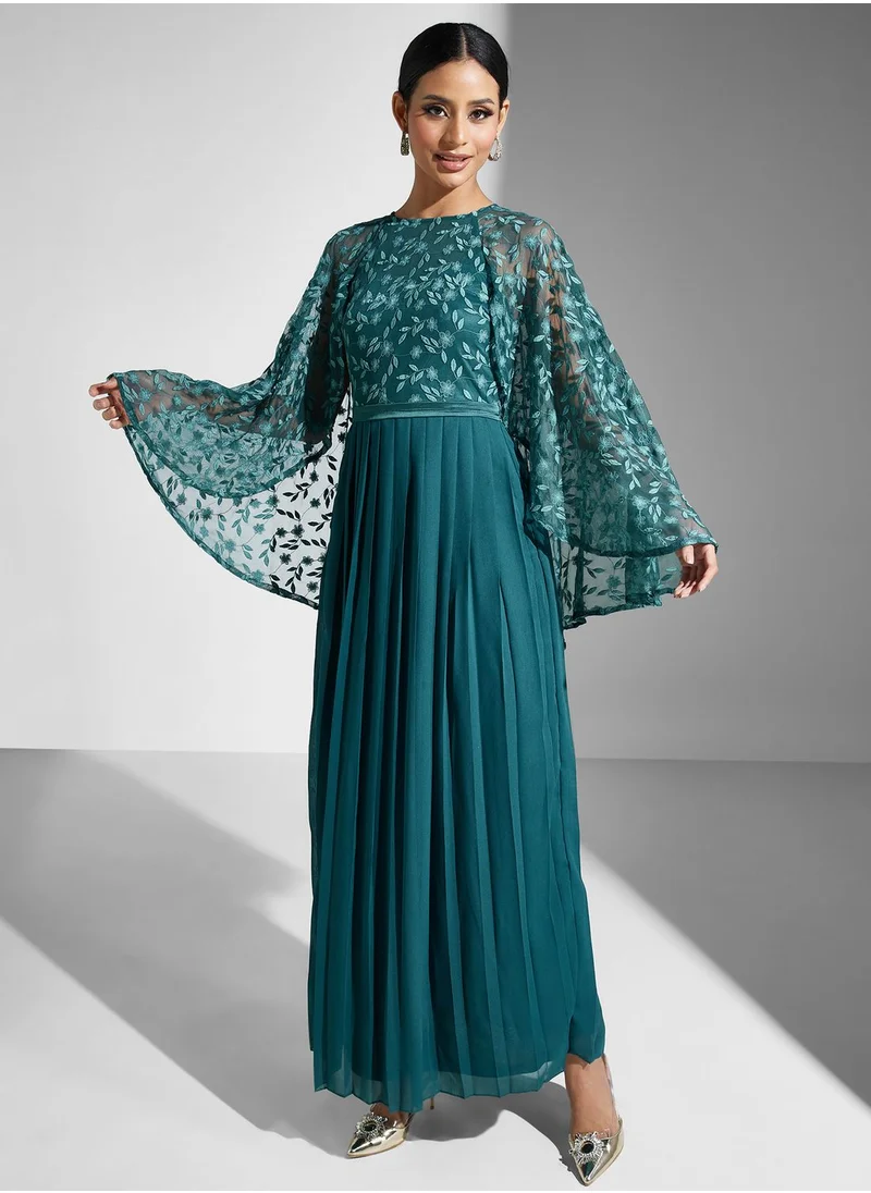 Frock and Frill Embroidered Cape Sleeve Dress