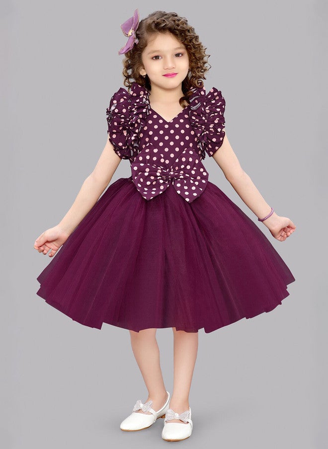 PinkChick Burgundy Polka Dot Fit & Flare Dress for Girls - Image 1