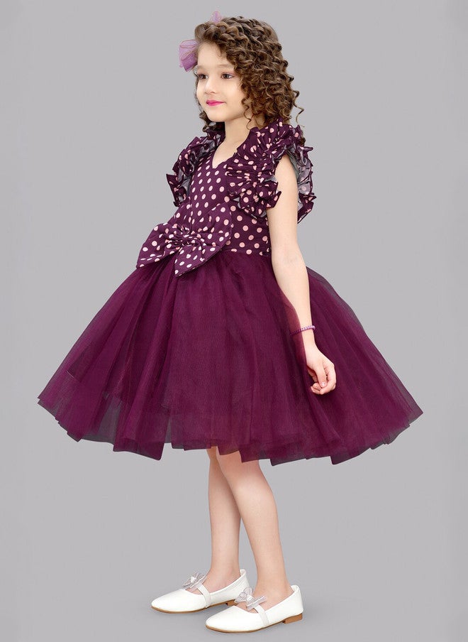 PinkChick Burgundy Polka Dot Fit & Flare Dress for Girls - Image 4