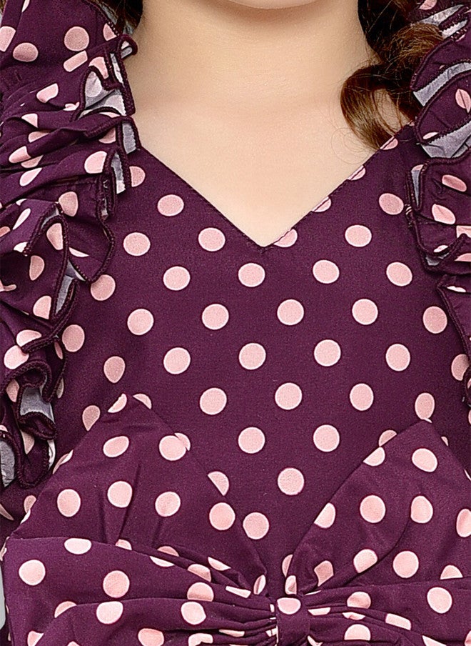 PinkChick Burgundy Polka Dot Fit & Flare Dress for Girls - Image 2