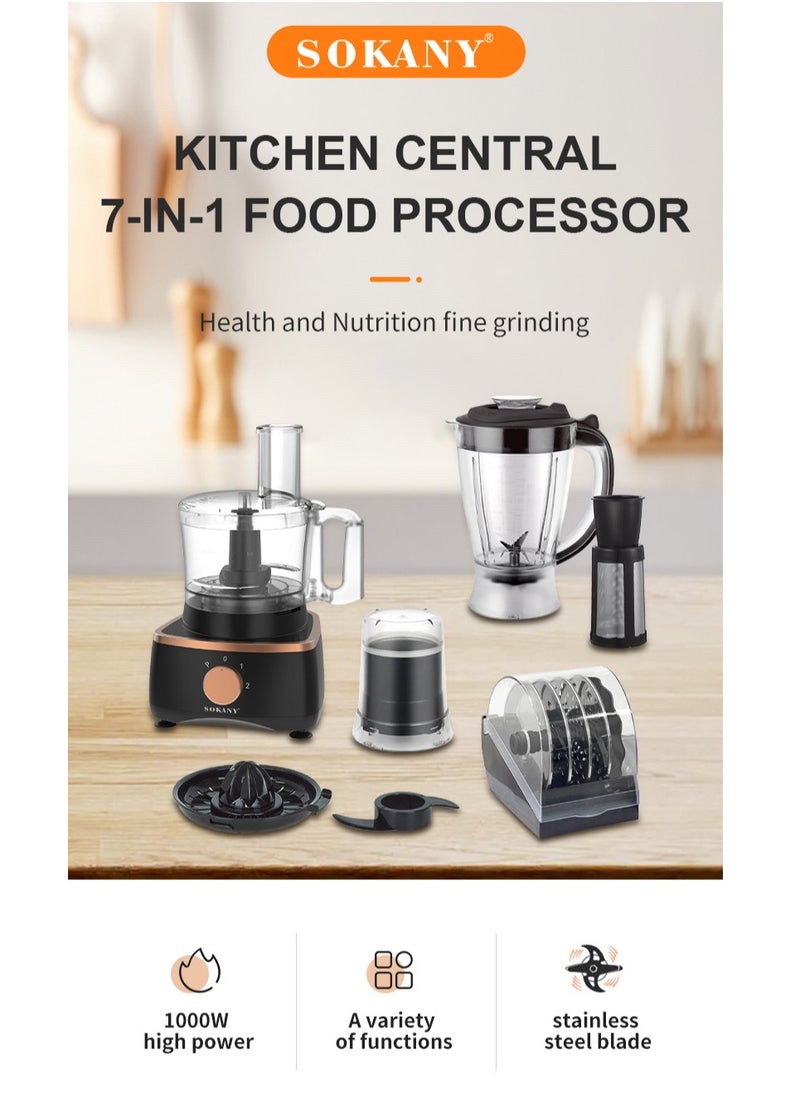 sokany - Food Processor 34 Functions 9-in-1 (Blender + Grinder + Dough Maker + Whisker + Food Processor) 1000W SK-7040 Black - Image 1