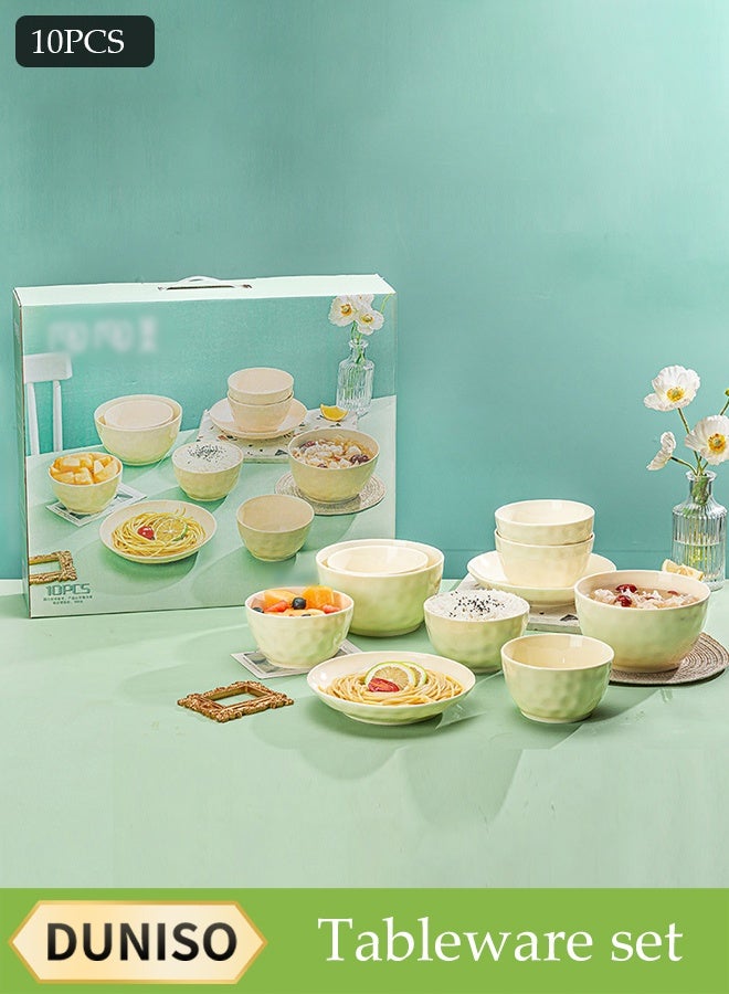 DUNISO 10-Piece Yellow Ceramic Bowl And Plate Set, Microwave Safe, Sauce Plate, Dipping Sauce Bowl, Serving Bowl, Stackable, Suitable For Dessert, Appetizer, Ketchup, Salad, Sushi, Noodles, Soup,Crockery Tableware Set，Ceramic Tableware - Image 1