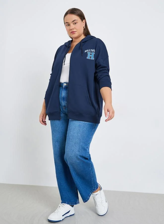 Styli Plus Size Navy Blue Graphic Printed Hoodie