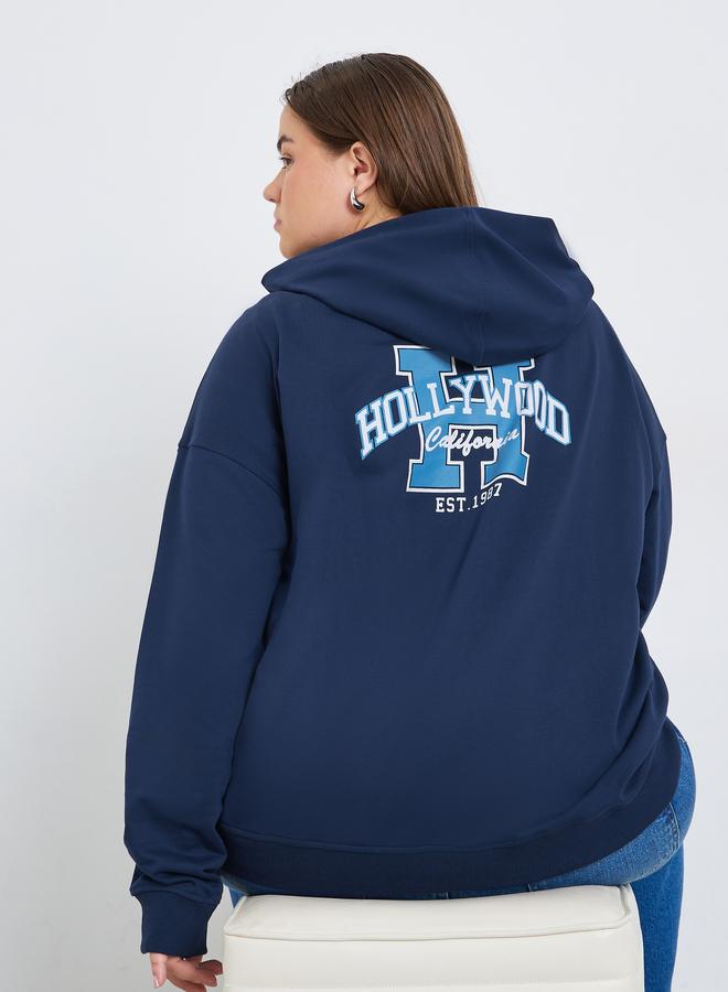 Styli Plus Size Navy Blue Graphic Printed Hoodie - Image 3