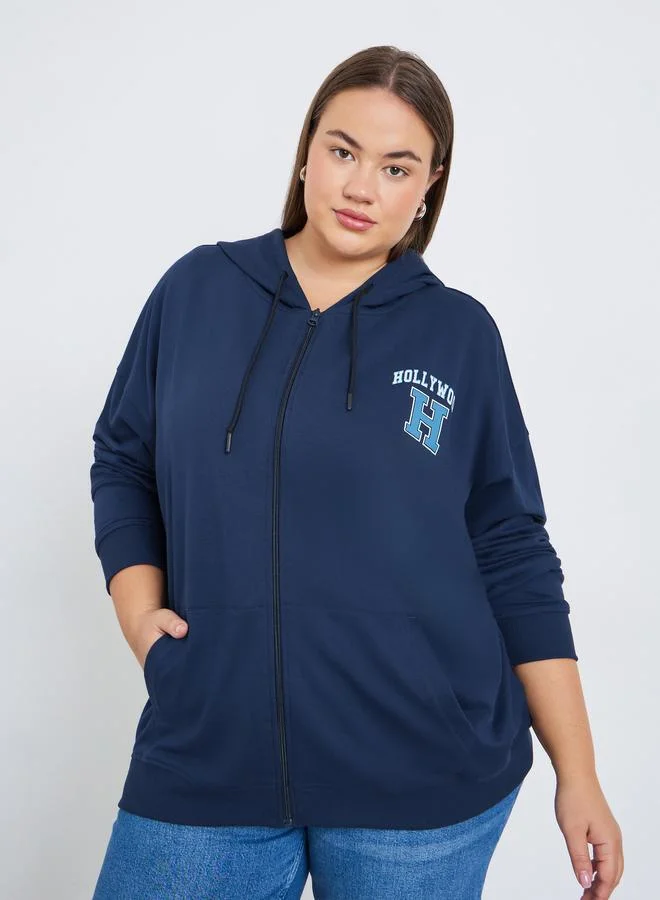 Styli Plus Size Navy Blue Graphic Printed Hoodie