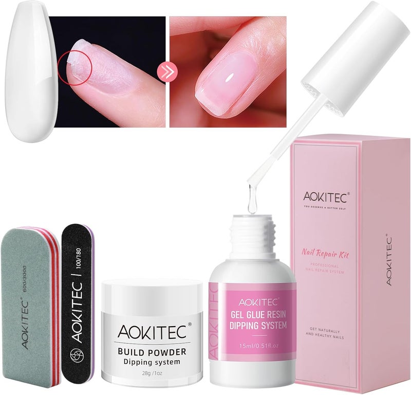 Aokitec 4 PCS Dip Powder Nail Repair Kit for Broken Natural Nails 28g Dipping Build Powder Nail Repair Glue Quick Nail Repair Nail Hardener Nail Strengthener Treatment for Damaged Weak Split Nails