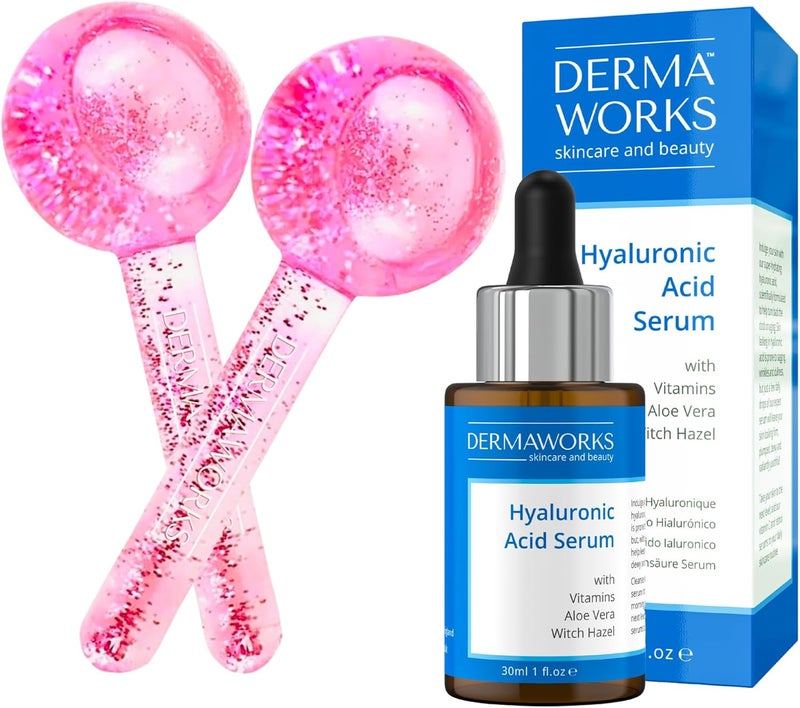 DERMAWORKS Skincare Gift Set Ice Globes for Face Eyes Hyaluronic Acid Serum Facial Massagers Hydrating Serum Antiwrinkle Reduces Puffiness Pore Minimizer Boosts Circulation Radiance