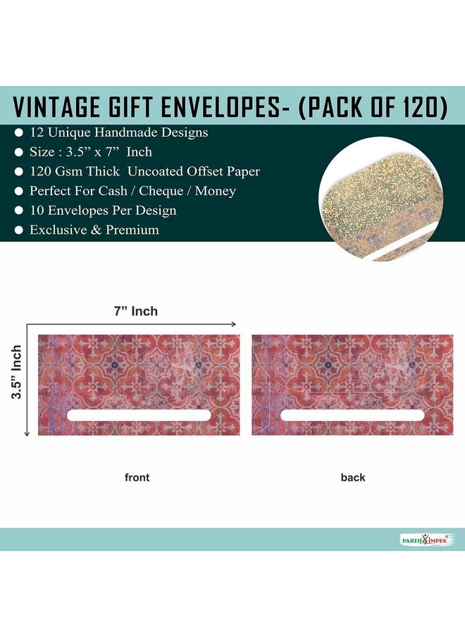 PARTH IMPEX 120 Pack Gift Envelopes For Cash - 3.5" X 7" Vintage Rustic Design - Decorative Fancy Colorful Money Saving Holder Card For Shagun Christmas Birthday Baby Shower Wedding Graduation  - Image 2