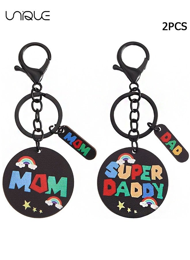 يونيك 2 قطعة سلسلة مفاتيح - MOM و DAD قلادة سلسلة المفاتيح - أسود جولة اللون قلادة نص - أنيقة وبسيطة - Image 1