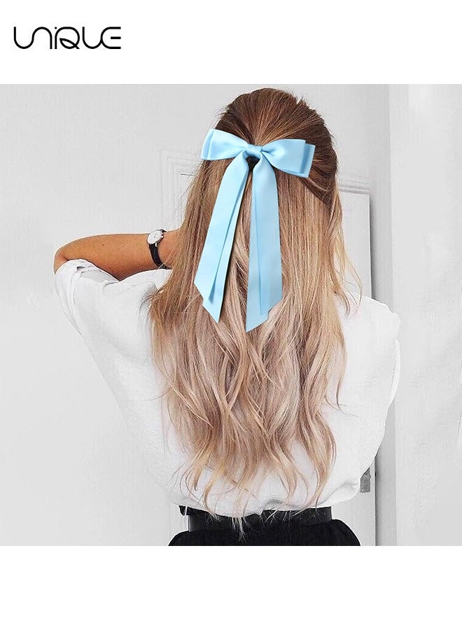يونيك 4 قطع أقواس شعر ساتان حريرية - مشابك شعر عتيقة لطيفة مزدوجة الشريط شرابة حامل ذيل حصان إكسسوارات مع مشبك معدني للنساء والفتيات والأطفال الصغار والمراهقين والاطفال (أزرق وأرجواني) - Image 5