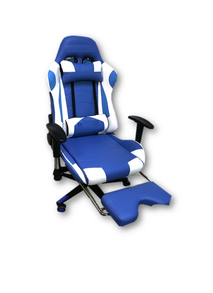 1st Gaming chair with blue footrest and white leather  - Image 2