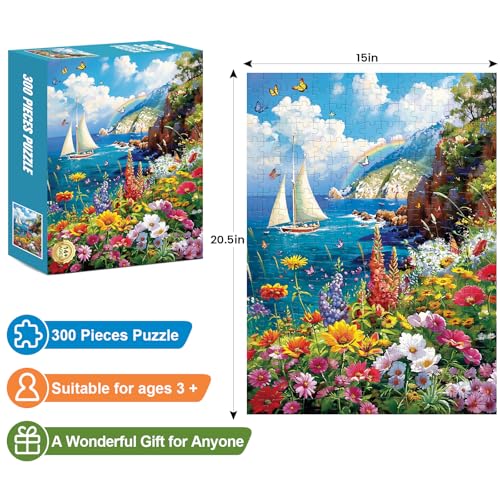 Edsjegn 300 Pieces Puzzles for AdultsColorful Garden By The Ocean Puzzle for Adults Children ElderlyRecycled Paper Puzzle 300 PiecesGlossy Sturdy Pieces Challenging Family Game Great Gift Idea 205x15in - Image 5