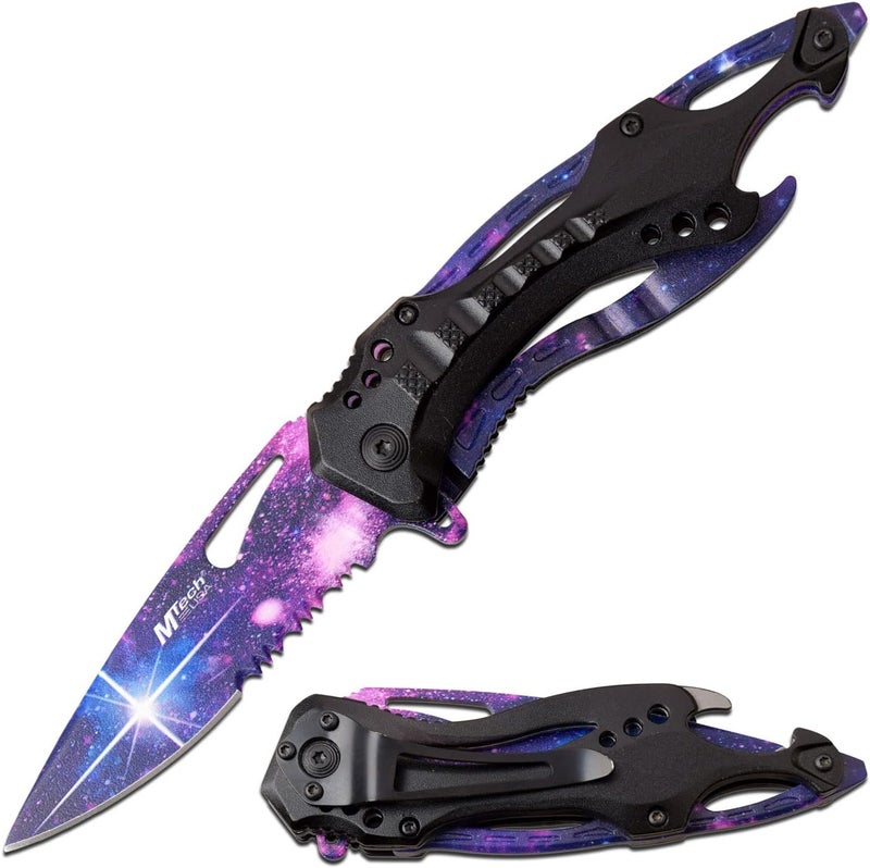 MTECH USA Folding Knife, 3.75-Inch Half-Serrated Blade, Titanium Coating, Glass Breaker, Pocket Clip - Image 1