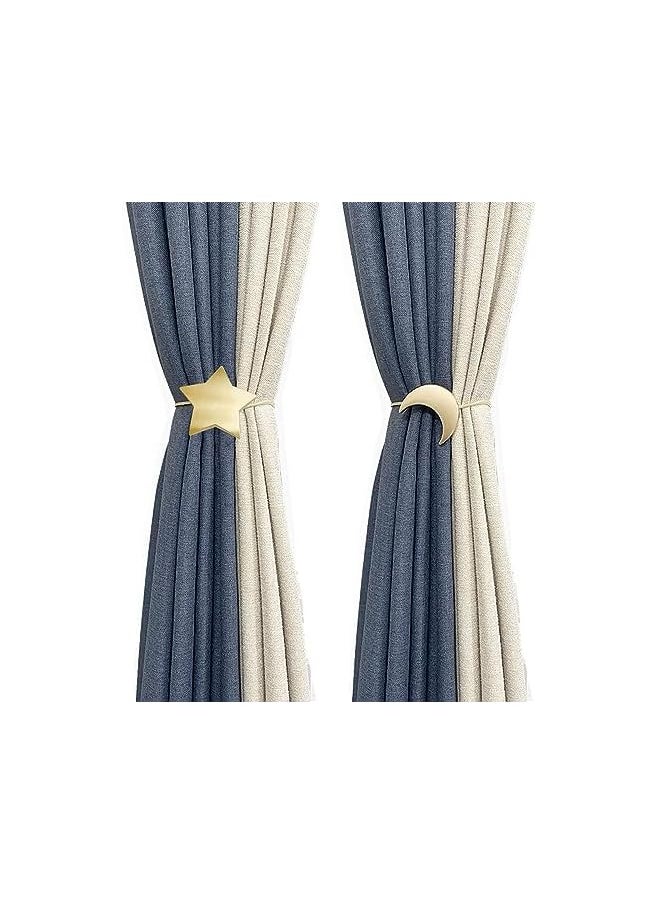 The Bros - Curtain Tiebacks, Magnetic Decorative Rope Holdbacks 1 Pair Gold Moon and Star Shape Window Curtain Drape Clips for Bedroom Home Office - Image 1