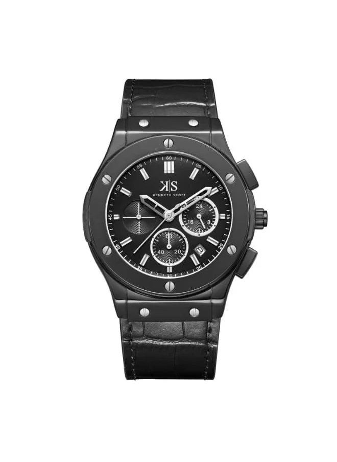 KENNETH SCOTT Kenneth Scott K24115-BLBB Men's Multi Function Display Watch & Leather Strap Black