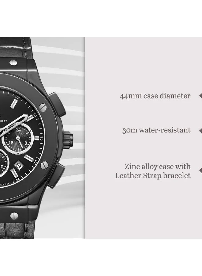 KENNETH SCOTT Kenneth Scott K24115-BLBB Men's Multi Function Display Watch & Leather Strap Black