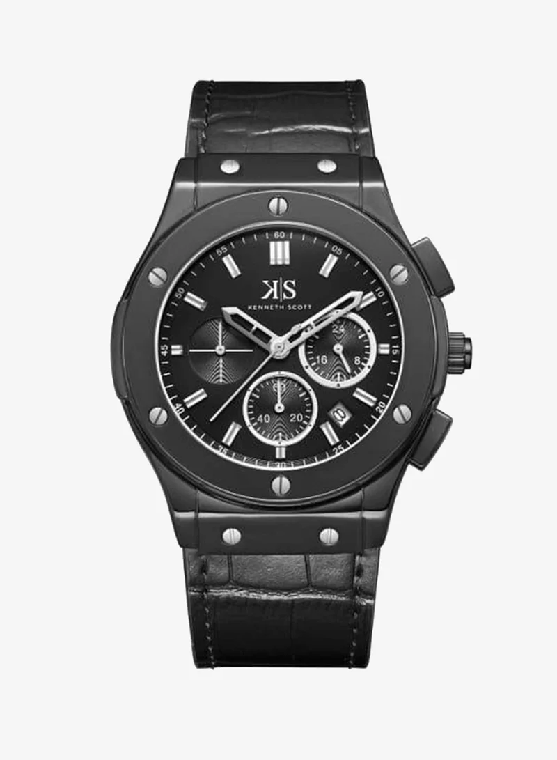 KENNETH SCOTT Kenneth Scott K24115-BLBB Men's Multi Function Display Watch & Leather Strap Black
