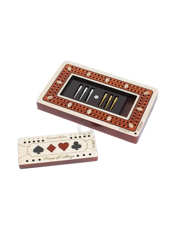 House of Cribbage - 2 Track - Wooden Travel/Pocket Size Cribbage Board - 4 Inch - Inlaid in Maple Wood/Bloodwood with Storage Space for Cribbage Pegs - 60 Points - Non Continuous - Image 3