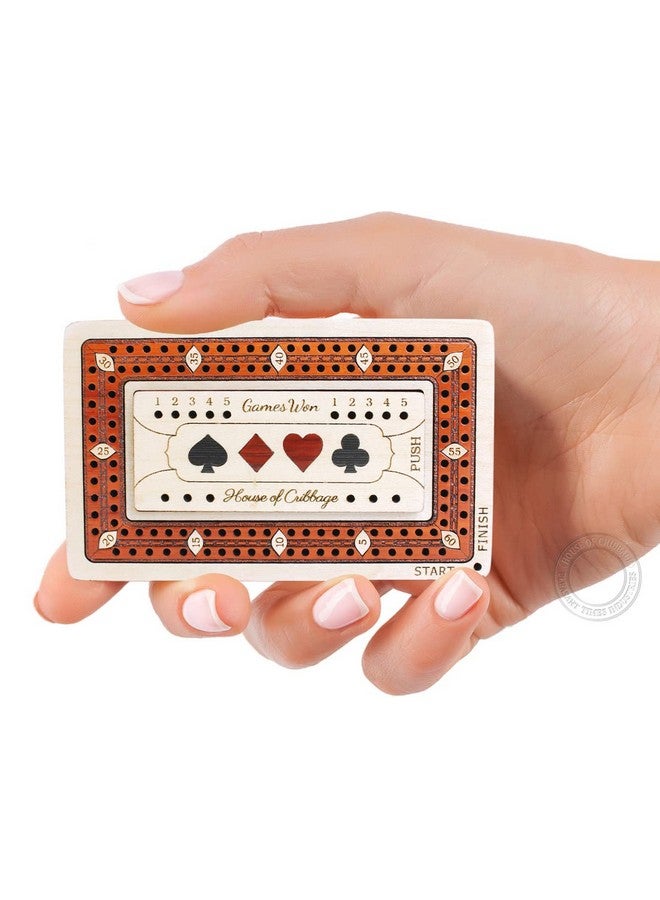 House of Cribbage - 2 Track - Wooden Travel/Pocket Size Cribbage Board - 4 Inch - Inlaid in Maple Wood/Bloodwood with Storage Space for Cribbage Pegs - 60 Points - Non Continuous - Image 1
