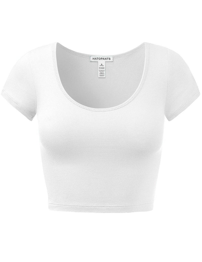 HATOPANTS Women's Cotton Crop Tops Short Sleeve Scoop Neck Stretchy Casual Shirt White L - Image 1