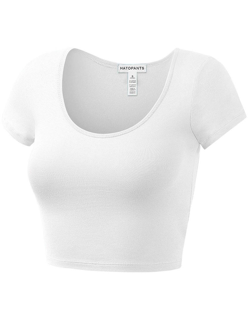 HATOPANTS Women's Cotton Crop Tops Short Sleeve Scoop Neck Stretchy Casual Shirt White L - Image 2