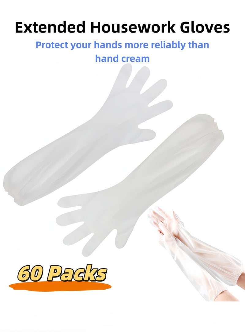 60 Packs Long Sleeve Gloves, Stretchy Disposable Gloves, Disposable Soft Plastic Film Gloves, Extra Long Cuff 60 cm  - Image 1