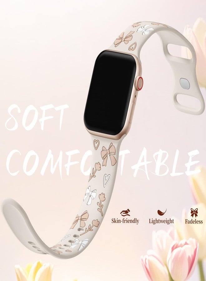 Lerobo Floral Engraved Band Compatible with Apple Watch Bands for Women 45mm 46mm 44mm 42mm 40mm 41mm 49mm, Cute Bow Soft Silicone Dressy Wrist Strap for iWatch Series 11 10 9 8 7 6 5 4 3 2 1 SE Ultra - Image 3